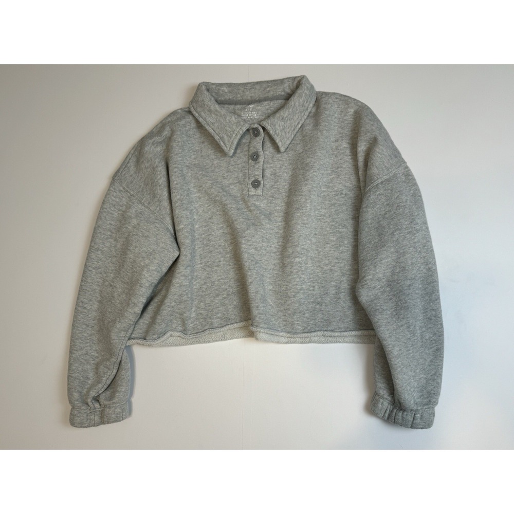 Aerie Oversized Cropped Collared Pullover Sweatshirt Boxy Gray Size Small Soft